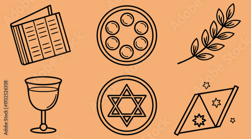 An elegant compilation of minimalist outline vector symbols capturing the essence of Jewish culture, faith, and cherished holiday rituals, including the Seder plate, ceremonial cup, and sacred texts