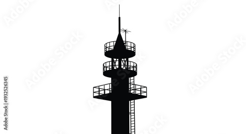 A stark black silhouette of a tall multi tiered tower with a spire and observation decks against a white backdrop silhouette
