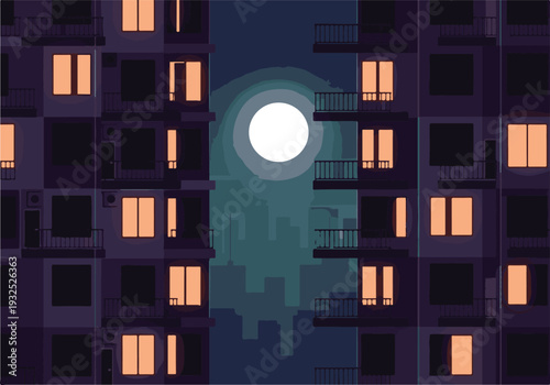 Night cityscape with apartment buildings, glowing windows, and full moon