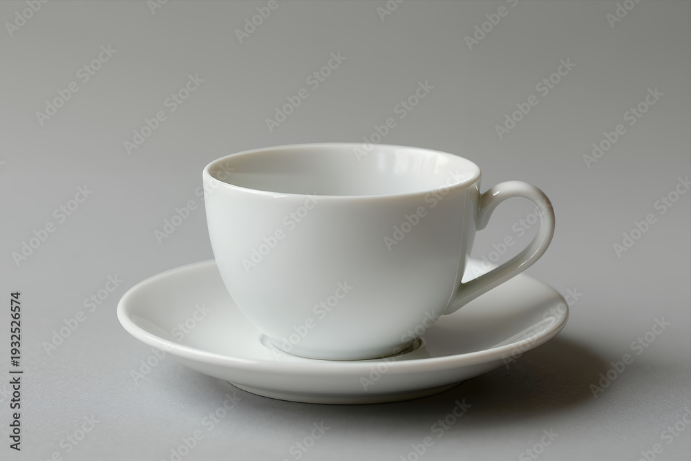 Fototapeta premium Minimalist White Ceramic Coffee Cup on Matching Saucer Isolated Against Neutral Gray Background for Modern Café or Tea Service Design