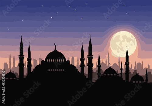 Islamic city skyline silhouette with mosques, full moon, and stars at night