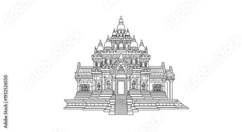 Detailed Drawing of Ancient Temple Architecture.