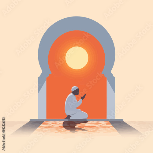 Muslim man praying at sunrise through an archway