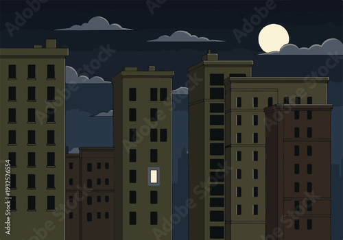 Urban night scene with buildings, full moon, and an illuminated window