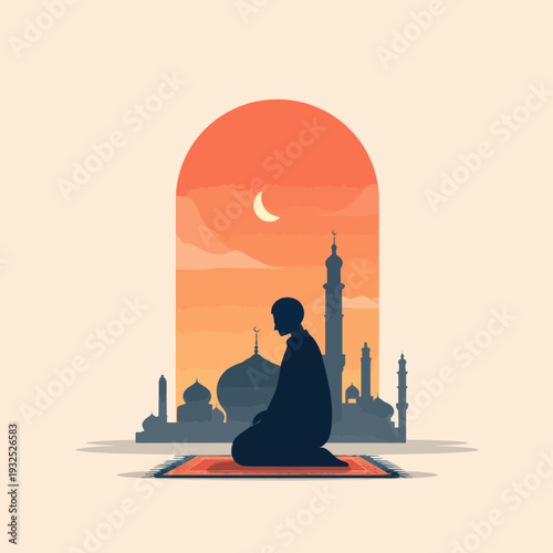 Muslim man praying at sunrise with mosque silhouette