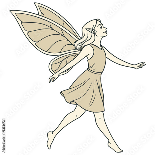 Whimsical Fairy in Flight: A captivating illustration of a fairy, delicately poised with outstretched arms, her ethereal wings spread wide. This enchanting scene evokes a sense of freedom and magic.