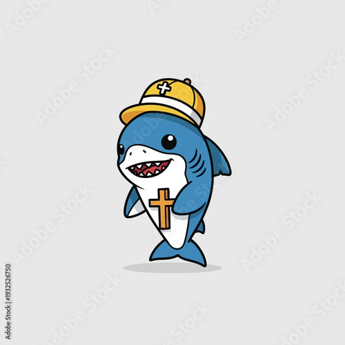 Cute cartoon shark wearing a pope hat and a cross