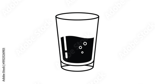 A simple black and white illustration depicts a glass partially filled with a dark liquid creating a striking silhouette