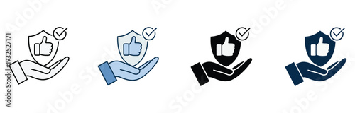 Reliability icon set multiple style collection featuring trust symbols, shield elements, quality assurance concepts, consistency indicators, and modern line