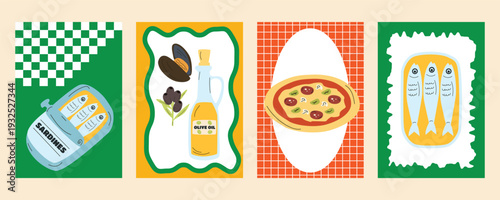 Bright Italian cuisine banner set with pizza, sardines, mussels, seafood, olives and olive oil illustrations