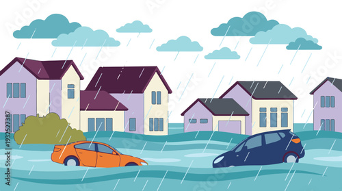 Flooded residential street with houses and cars submerged in heavy rain.