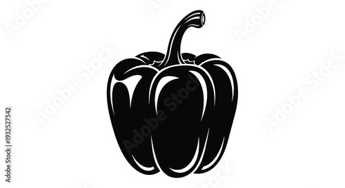 A striking black silhouette of a bell pepper with a prominent stem and curved lobes showcasing bold shapes silhouette