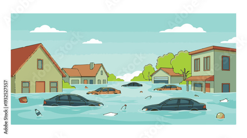 Suburban neighborhood experiencing flood disaster with houses and cars submerged