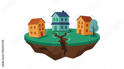 Illustration of earthquake damaging houses on cracking land