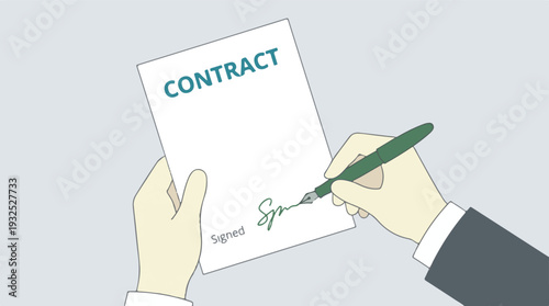 Illustration of a hand signing a business contract with a fountain pen