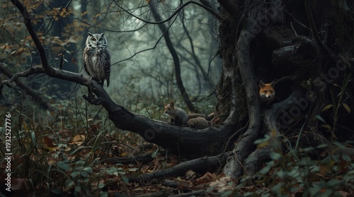 A mysterious forest scene featuring an owl a fox and squirrels in natural habitat