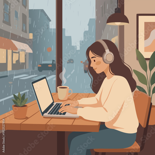 Young woman in headphones working on laptop in cozy cafe flat vector illustration