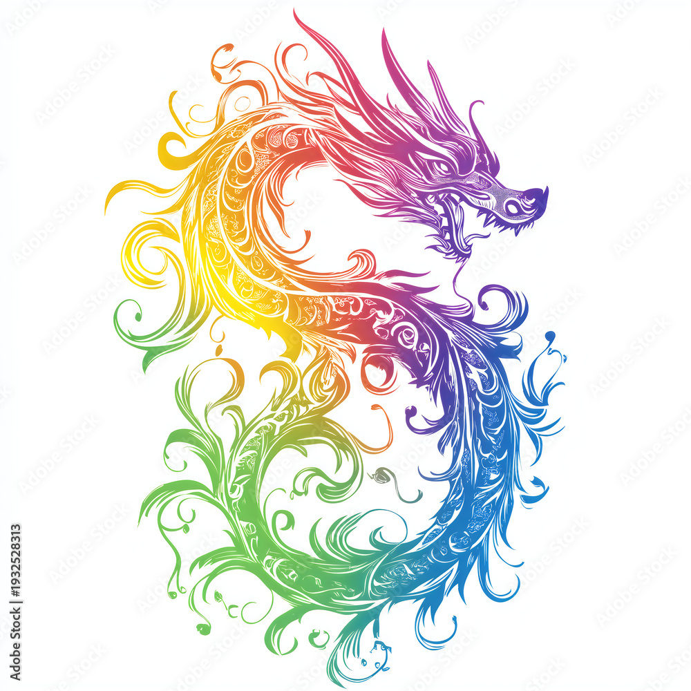 Fototapeta premium Vibrant dragon illustration with swirling rainbow colors and intricate details
