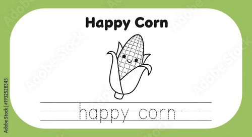 Happy Corn Character: Cute Cartoon Vegetable for Kids Learning and Coloring