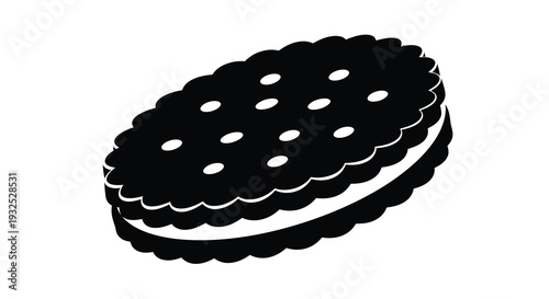 A striking black and white image depicts a classic chocolate sandwich cookie sharply defined as a silhouette high quality