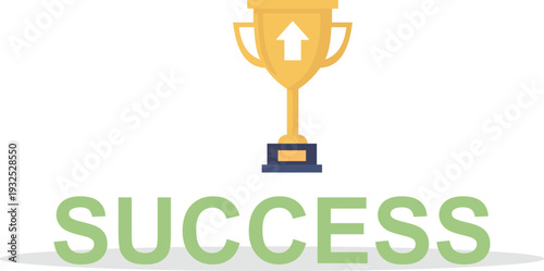 Success Text with Golden Trophy Cup for Achievement Winner and Goal Celebration