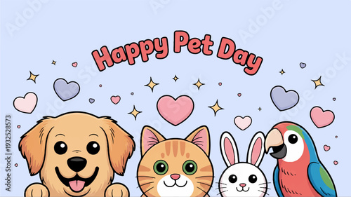 Happy pet day cartoon animals dog cat bunny parrot hearts sparkles