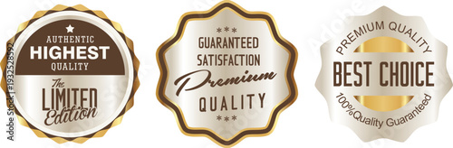 Three gold and brown quality guarantee labels on a white background