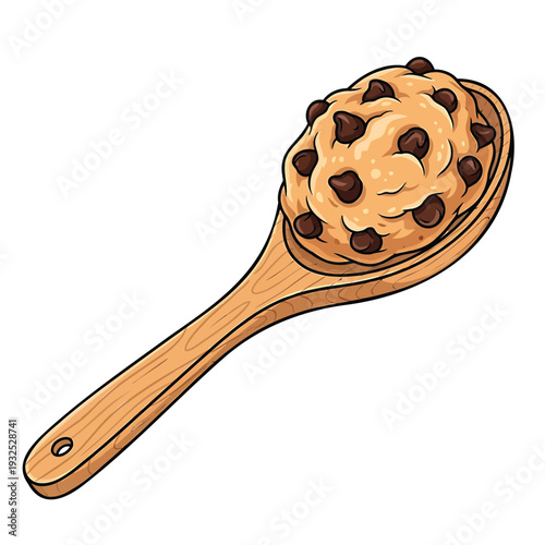 A wooden spoon holding a scoop of cookie dough with chocolate chips