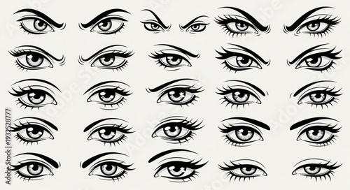 Collection of various eye illustrations showcasing diverse emotions and expressions in detailed artistic style.