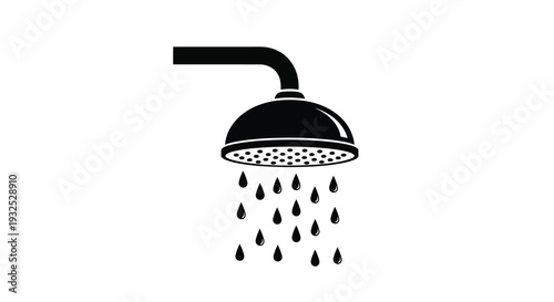 A stark black showerhead icon with water droplets falling presented as a minimalist graphic silhouette high quality professional detailed