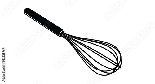 A stark black silhouette of a kitchen whisk against a plain white background showcasing a simple design silhouette