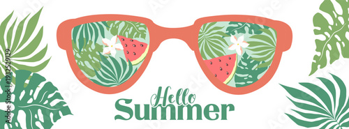 Vector illustration with sunglasses, abstract tropical plants,  isolated on white background. Summer flat art design for poster print, card, invitation template, web banner