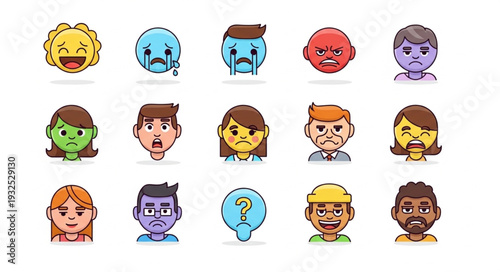 Diverse collection of human emotion faces expressing various feelings and moods.