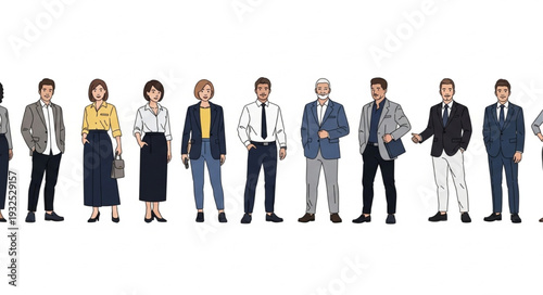 Diverse group of people in various outfits standing together in a line, posing.