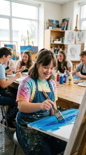 A girl with Down syndrome smiles while painting on a large canvas in an art studio, inclusive education, joyful creativity, art therapy.