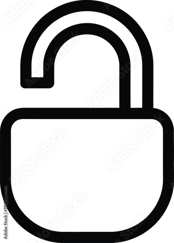 A simple black and white line drawing depicts an open padlock symbolizing security access and the concept of being unlocked high-quality professional detailed modern elegant