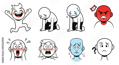 Diverse emotional expressions depicted in a series of cartoon illustrations.