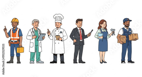 Diverse group of professionals showcasing various occupations in a line.