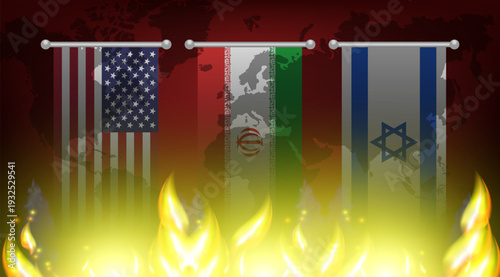 Vector political and military banner. Flags of United States of America, Islamic Republic of Iran and blue and white symbol of Promised Land. Bright, hot flames. Red world map