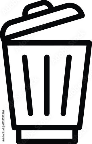 A simple black and white line drawing depicts a trash can with the lid open suggesting disposal or recycling high-quality professional detailed modern elegant stylish