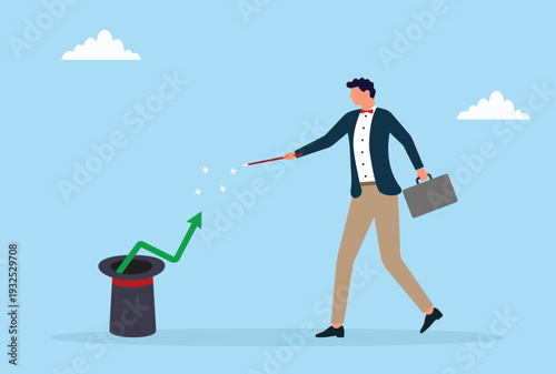 Vector illustration of a businessman performing magic trick pulling rising growth arrow from a hat symbolizing financial success and business innovation
