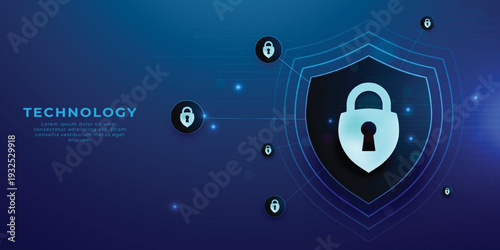 Cyber security concept. Digital shield icon with lock symbol glowing in blue light. Modern cyber protection concept for network safety, data security, and privacy defense systems.