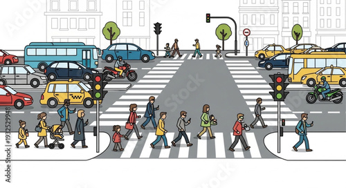 Pedestrians Crossing Busy City Street.