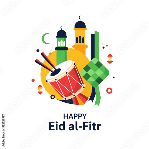 Happy Eid al-Fitr celebration with drum, mosque, ketupat, and lanterns