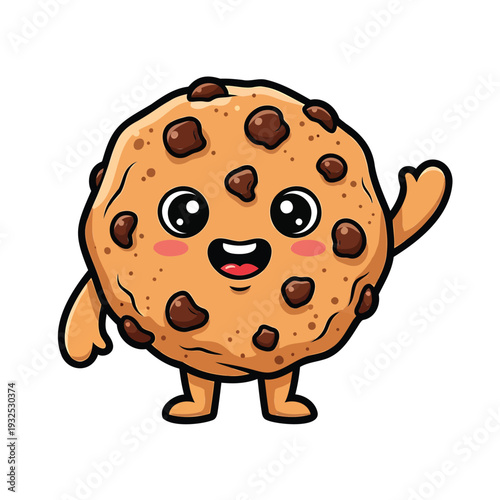 A cartoon cookie character with chocolate chips standing on legs, waving, and smiling happily