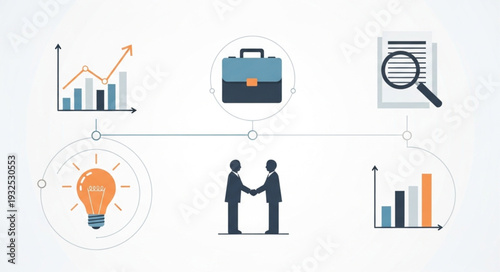 Business and finance concept with graphs, briefcase, and handshake.