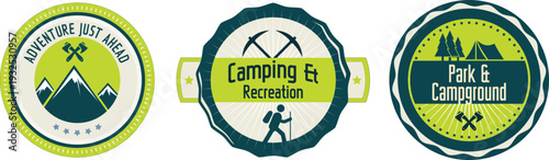Three circular camping logos with green and yellow designs