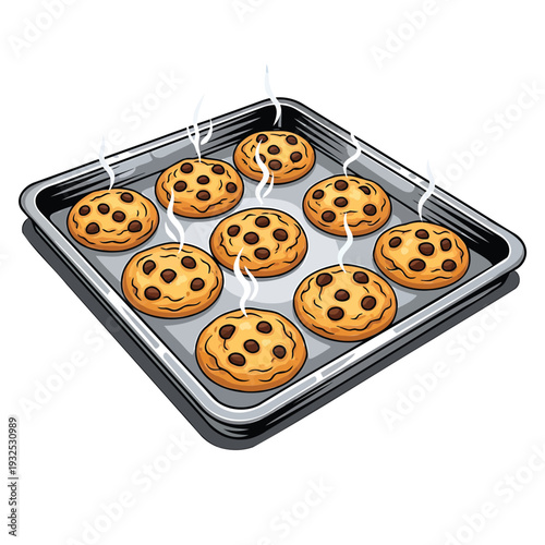 Freshly baked chocolate chip cookies on a baking tray in the oven