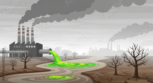 Polluted Factory Landscape with Toxic Waste.