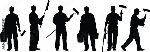 Black silhouettes of house painters and decorators holding rollers and paint buckets isolated on white background for construction renovation and home improvement services.